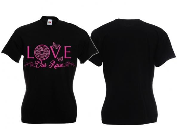 Frauen T-Shirt - Love our Race - schwarz/lila - Motiv1 Frauen T-Shirt - Love our Race - schwarz/lila - Motiv1